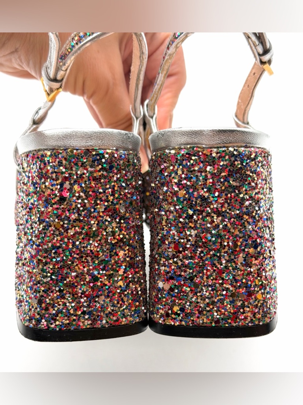 Gucci Baby Horsebit Multicolor Glittered Leather Slingback Block Heel Pumps EU38 - Picture 9 of 14